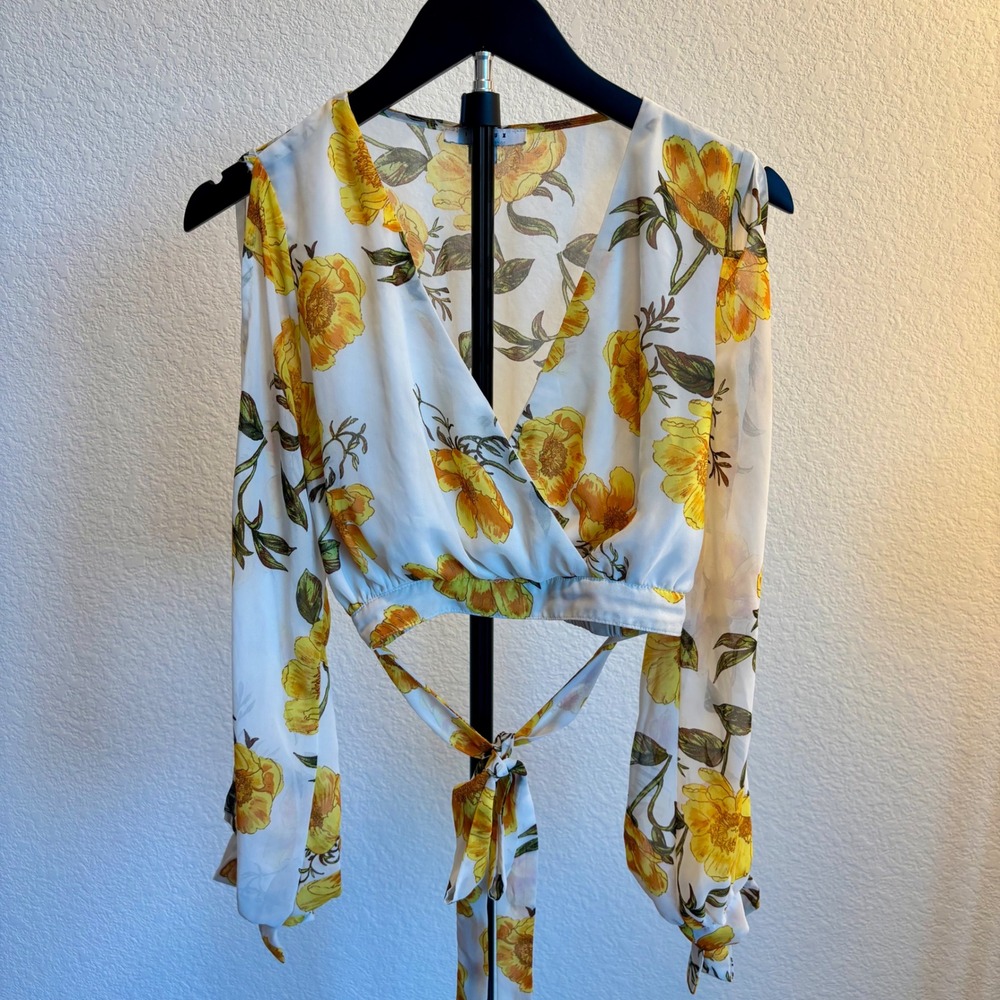 Favlux Fashion Womens Yellow Floral Cold Shoulder Sheer Boho Wrap Crop Top Small
